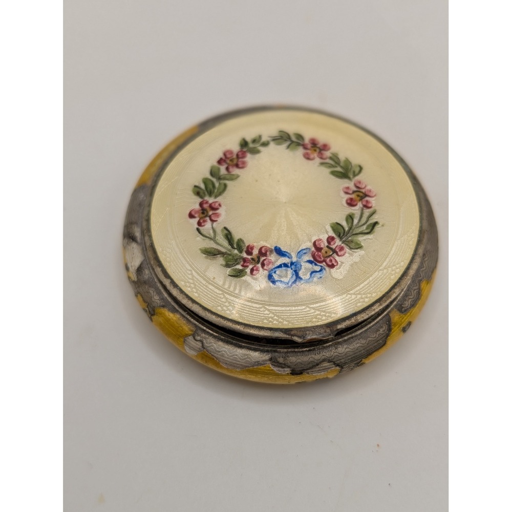 Antique Guilloche Enamel Floral Compact Yellow Cream Sunburst Vanity Collectible